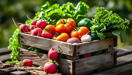 Colorful assortment of fresh vegetables in a rustic wooden box, celebrating organic farm produce and the farm to table concept