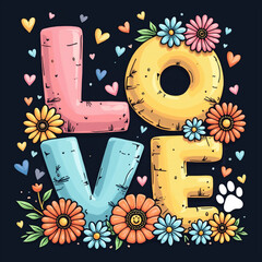 Wall Mural - colored letters spelling LOVE are adorned with flowers and paw print