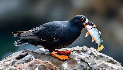 Wall Mural - Black guillemot perched on a rocky outcrop proudly holding a fish in its beak