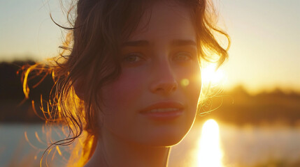 A close-up of a woman by a lake at sunset, her face filling the frame with vibrant colors of the sunset in soft focus behind her, warm light illuminating her features. 