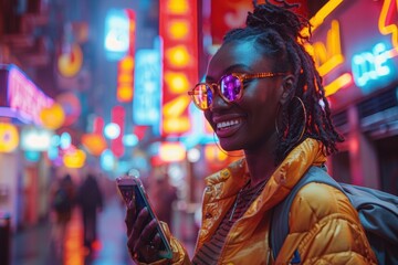 A young woman with stylish sunglasses smiles while using her phone in a vibrant neon-lit street at night