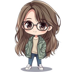 Poster - Cute chibi girl with brown hair and glasses, wearing a green jacket and blue jeans