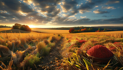 Poster - sunset over the field