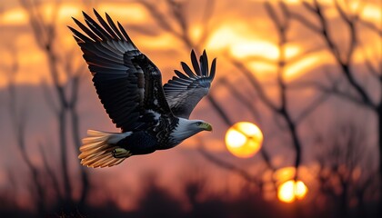 Wall Mural - Majestic silhouette of a White-tailed eagle soaring against a vibrant sunset backdrop