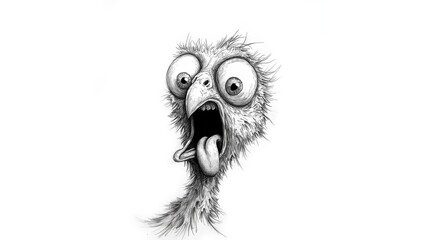 Wall Mural - cartoon art of a crazy chicken, black and white, eyes are popping out, tongue hanging out, white background