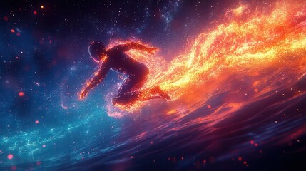 This captivating image shows an astronaut surfing through a vibrant cosmic wave engulfed in vivid colors and celestial phenomena a journey into the frontier of space exploration