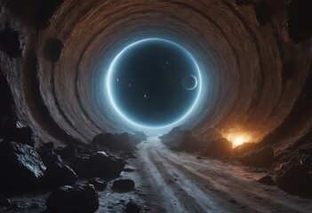 Wall Mural - a tunnel formed by asteroids orbiting around a distant planet, with glowing cosmic dust and debris s