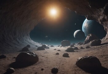 Wall Mural - a tunnel formed by asteroids orbiting around a distant planet, with glowing cosmic dust and debris s