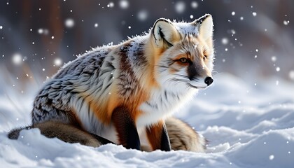 Wall Mural - Snowy Arctic fox surrounded by shimmering winter flakes