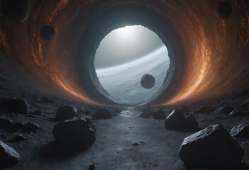 Wall Mural - a tunnel formed by asteroids orbiting around a distant planet, with glowing cosmic dust and debris s
