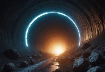 Wall Mural - a tunnel formed by asteroids orbiting around a distant planet, with glowing cosmic dust and debris s