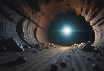 Wall Mural - a tunnel formed by asteroids orbiting around a distant planet, with glowing cosmic dust and debris s