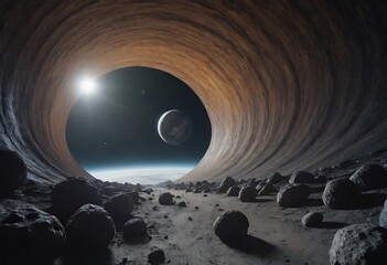 Wall Mural - a tunnel formed by asteroids orbiting around a distant planet, with glowing cosmic dust and debris s