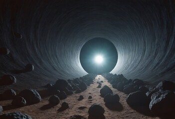 Wall Mural - a tunnel formed by asteroids orbiting around a distant planet, with glowing cosmic dust and debris s