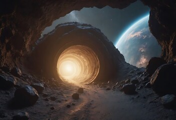 Wall Mural - a tunnel formed by asteroids orbiting around a distant planet, with glowing cosmic dust and debris s