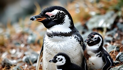 Endearing Magellanic penguin nurturing two adorable chicks in their natural habitat