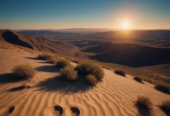 A view from a planet with two suns rising simultaneously on the horizon, casting two distinct shadows and creating a unique interplay of light and color across the landscape.