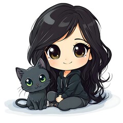 Wall Mural - Cute chibi girl with black cat, anime style illustration