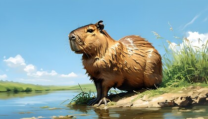 Wall Mural - Capybara resting by the riverbank under a clear blue sky