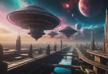 Wall Mural - a massive, futuristic city floating in the middle of a colorful nebula, with energy bridges connecti