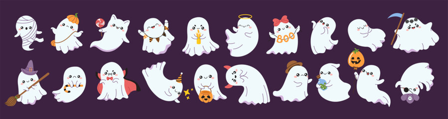 cute ghosts halloween characters flat color vector icon set. funny spirits with clothes and accessor