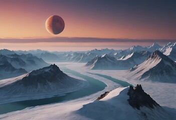 Wall Mural - a small frozen planet with vast icy plains and glaciers, orbited closely by a massive, glowing gas g