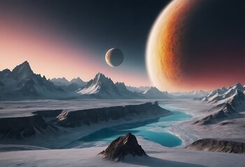Wall Mural - a small frozen planet with vast icy plains and glaciers, orbited closely by a massive, glowing gas g