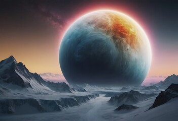 Wall Mural - a small frozen planet with vast icy plains and glaciers, orbited closely by a massive, glowing gas g
