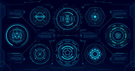 Poster - Circular futuristic digital HUD elements, sci fi ui interface. Vector blue neon heads up display holograms, high-tech components, advanced user interface graphics. Advanced innovation technology