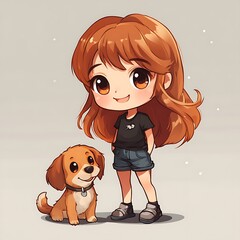 Wall Mural - Cute Chibi Girl with Dog Illustration