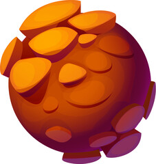 Poster - Cartoon fantasy galaxy orange alien space planet with rocky protrusions, glowing softly against a dark, star-filled sky. Vector asteroid with rugged surface, asset for space exploration or sci fi game