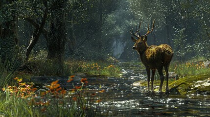 Poster - Majestic Deer in a Tranquil Forest Stream