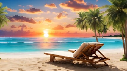 Gorgeous tropical sunset view complete with beach, lounge chairs, and two sun loungers
