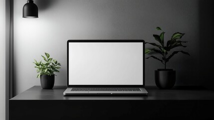 A sleek laptop with a blank screen on a black cube-shaped desk, surrounded by minimalist decor including two green plants, creating a clean and modern workspace design.