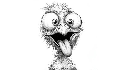 cartoon art of a crazy chicken, black and white, eyes are popping out, tongue hanging out, white background