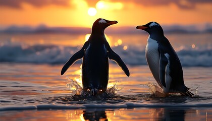 Wall Mural - Gentoo penguins silhouetted against a vibrant sunset backdrop