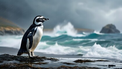 Wall Mural - Majestic Magellanic penguin braving the stormy shores of the Atlantic Ocean