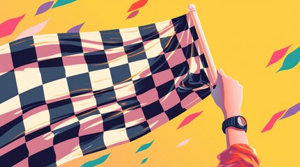 Wall Mural - flag in hand with black and white checkered pattern fluttering in the wind on a clean white backgrou