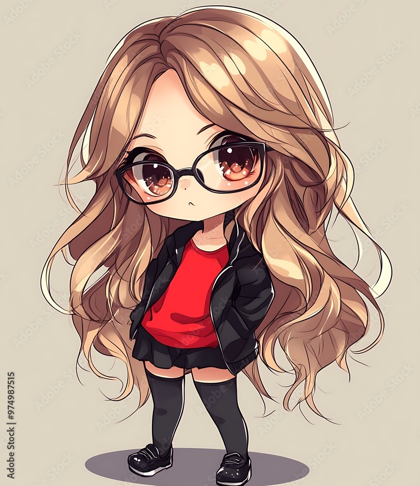 Cute chibi girl with long blonde hair wearing red shirt and black ...