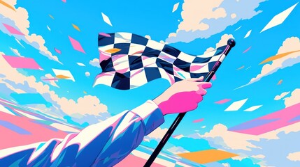 Wall Mural - flag in hand with black and white checkered pattern fluttering in the wind on a clean white backgrou