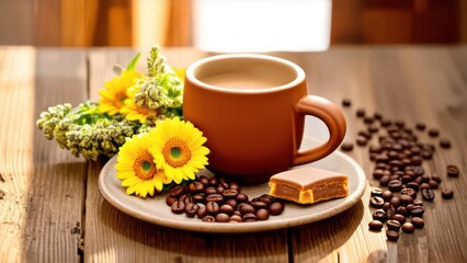 Clay coffee cup standing on a wooden table, flowers and sweets