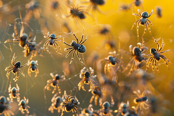 Spiders background. Halloween decorations. Spider background. . Flat lay, top view. Captivating Arachnid Surrealist Spider s Intricate Web Patterns in Moody Darkness Showcasing the Delicate Silk Stran