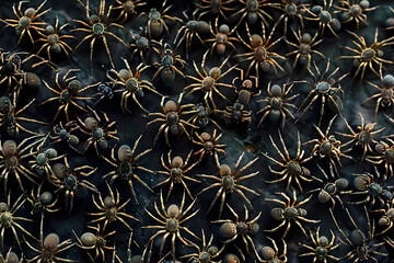 Spiders background. Halloween decorations. Spider background. . Flat lay, top view. Captivating Arachnid Surrealist Spider s Intricate Web Patterns in Moody Darkness Showcasing the Delicate Silk Stran