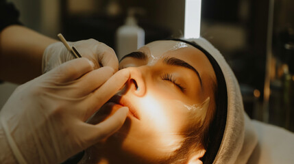 Client receiving facial treatment in a modern beauty salon in the afternoon under soft lighting