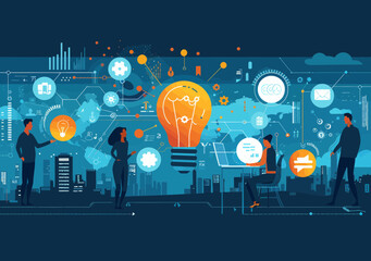 Poster - team collaborating on new project with light bulb symbolizing innovation, vector illustration, minim