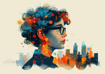 Poster - Modern Learning and Urban Innovation: Minimalistic Vector Illustration of Young Woman with Glasses against Abstract Cityscape and Digital Elements, Education and Creativity Concept