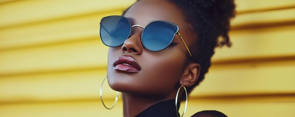 Wall Mural - Young woman posing wearing stylish sunglasses and hoop earrings