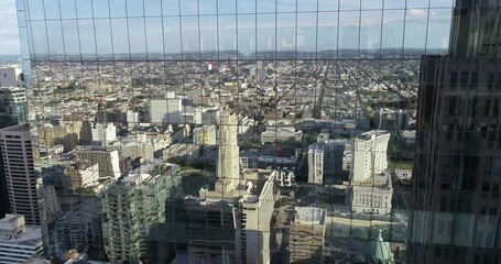 Poster - Beautiful Philadelphia Cityscape in Glass Reflection with Close Up Skyscraper. 4k