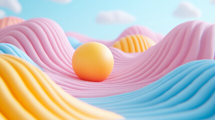 Poster - A vibrant yellow ball sits on a pastel wavy terrain, creating a fantastical and playful scene with soft colors and surreal design.