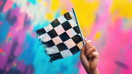 Wall Mural - flag in hand with black and white checkered pattern fluttering in the wind on a clean white backgrou